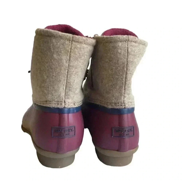 Sperry Saltwater Wool Women 8.5 Rain Duck Boots Tan Burgundy Lace Up Fall Winter - Picture 5 of 8